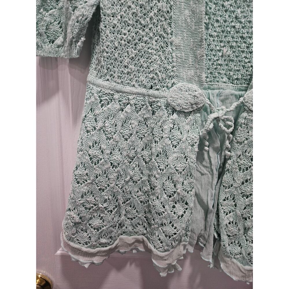 Soft Surroundings Pastel Green Teal Short Sleeve Cardigan Sweater Size M Crochet - Picture 4 of 12